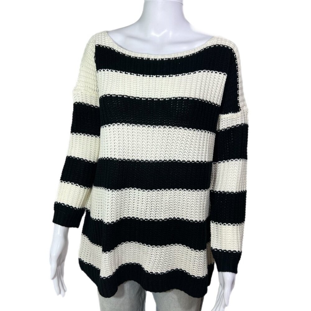 PRE-OWNED - SOLUTION Striped Ivory And Black Bateau Neckline Sweater